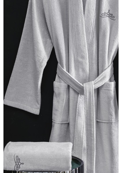 Rise Gri Pamuk Ekstra Yumuşak L - XL Erkek Kimono & Bornoz Seti