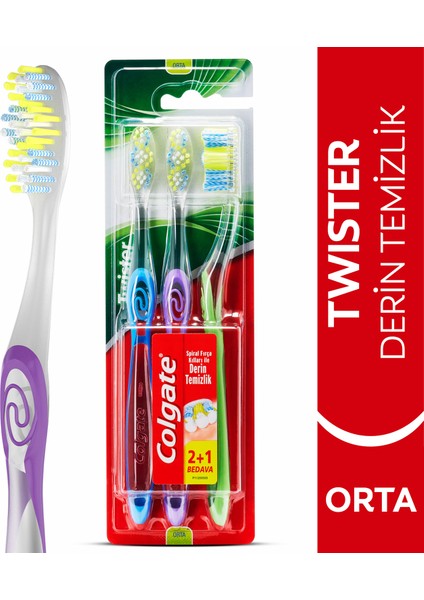 Twister Diş Fırçası Orta 2+1, Spiral Fırça Kılları İle Derin