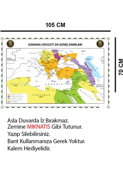 Tutunabilir Kağıt Osmanlı Devleti Haritası En Geniş Sınırları Kağıt Tahta 70X105 cm