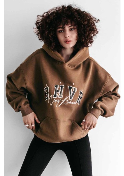 Mad Girls Kahverengi Nakışlı Kapüşonlu Sweatshirt MG812