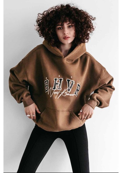 Mad Girls Kahverengi Nakışlı Kapüşonlu Sweatshirt MG812