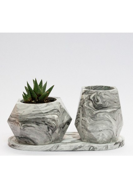 Geometrik Beton Saksı ve Kalemlik Seti - Siyah