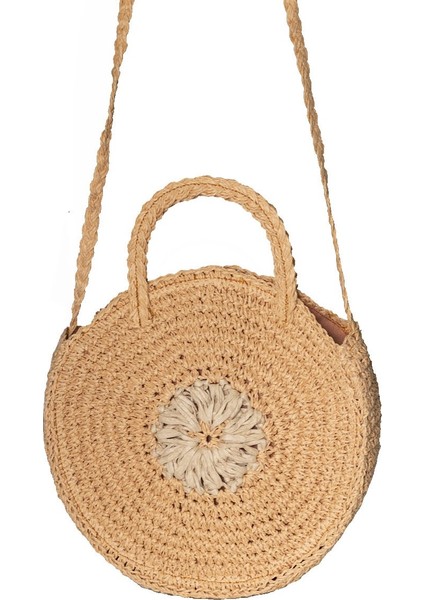 Kadın Kavuniçi Papatya Motifli El Yapımı Yuvarlak Hasır Omuz Çantası