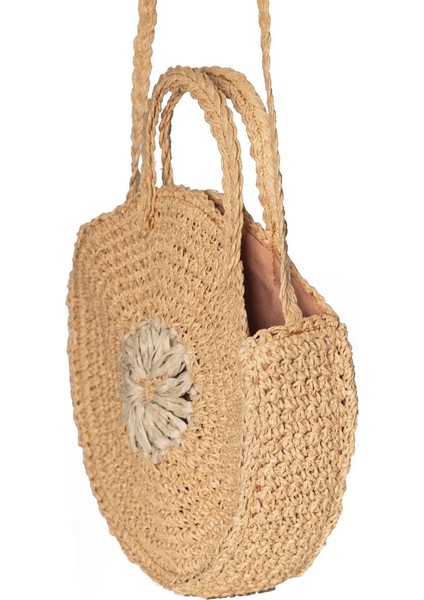 Kadın Kavuniçi Papatya Motifli El Yapımı Yuvarlak Hasır Omuz Çantası modelleri