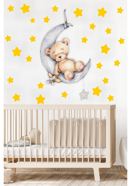 Ayda Uyuyan Sevimli Ayıcık ve Sarı Yıldızlar Çocuk Bebek Odası Sticker Seti