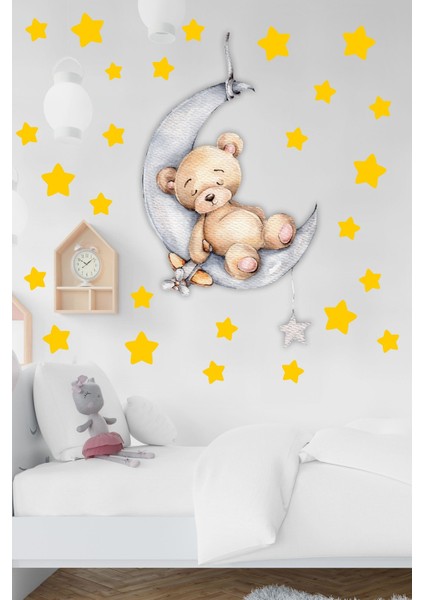 Ayda Uyuyan Sevimli Ayıcık ve Sarı Yıldızlar Çocuk Bebek Odası Sticker Seti fiyatları
