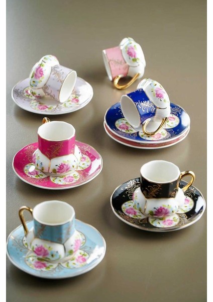 Açelya Serisi 6'Lı Porselen Kahve Fincan Takımı Renkli 10721