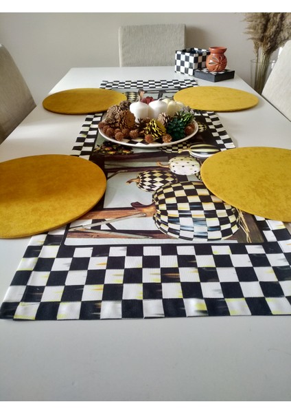 Amerikan Servis 4 Hardal Sarısı Renk Supla, Balkabağı Desenli Runner