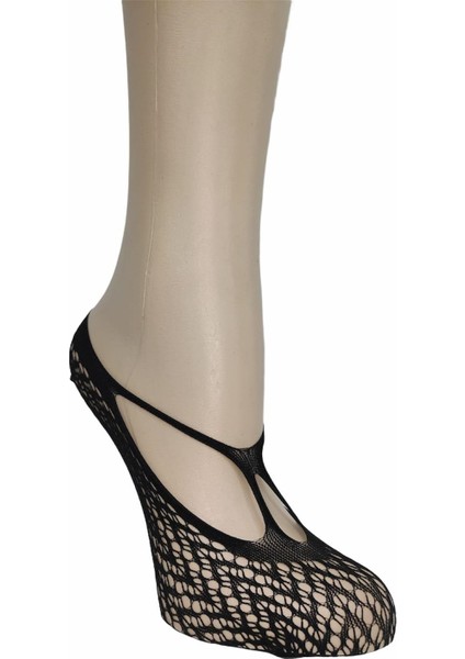 Çapraz Bağlı Lazer Kesim Dantelli Babet Çorabı Siyah