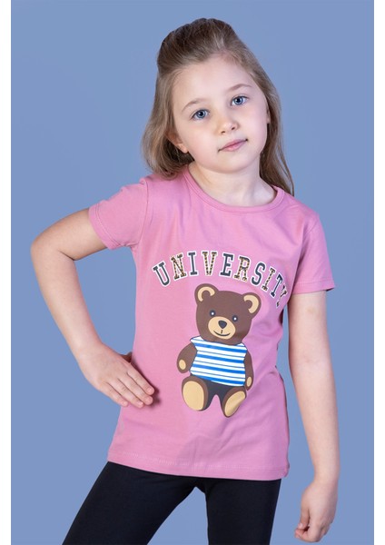 Toontoy Kız Çocuk Ayıcık ve Yazı Baskılı Taş Işlemeli Tişört