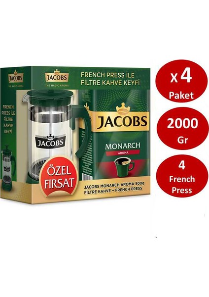 Monarch Aromalı Filtre Kahve 500 gr x 4 Paket + 4 French Press Seti
