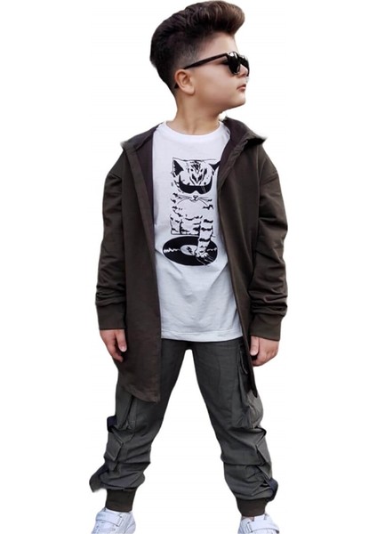 Erkek Çocuk Kedi Figürlü Kargo Pantalonlu Takım
