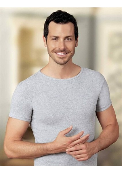 12 Adet Gri Renk Bisiklet Yaka Kısa Kollu Fanila