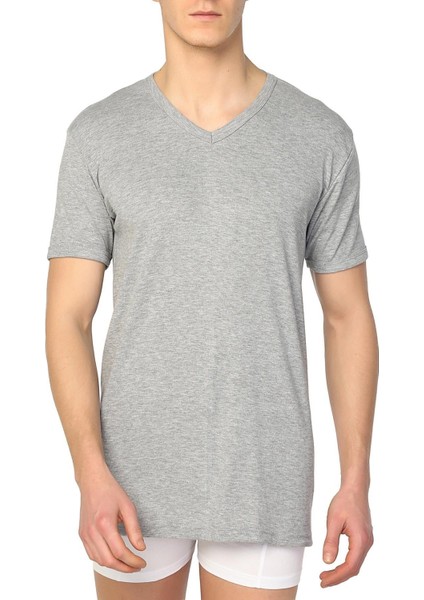 6 Adet Gri Renk V Yaka Kısa Kollu Fanila