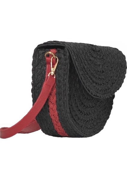 Kadın Siyah Kırmızı Hasır Örgü Mini Omuz Çantası