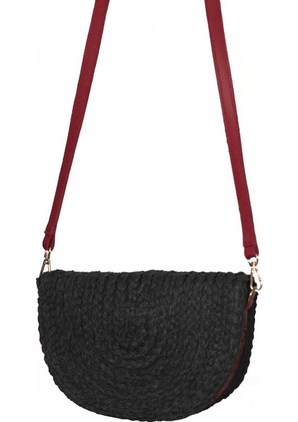 Kadın Siyah Kırmızı Hasır Örgü Mini Omuz Çantası modelleri