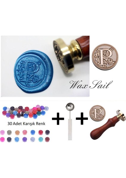 Retro Mektup Mühürü Damga P Harfi + 30 Adet Mühür Mumu + Eritme Kaşığı