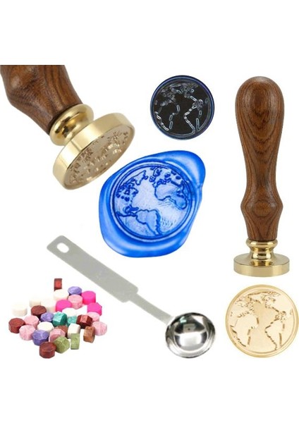 Mektup Damga Mühürü Dünya Haritası + 30 Mühür Mumu + Eritme Kaşığı