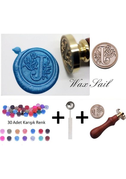 Retro Mektup Mühürü Damga J Harfi + 30 Adet Mühür Mumu + Eritme Kaşığı