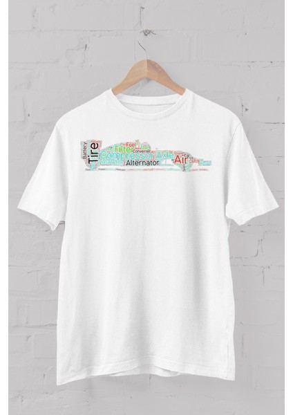 Spor Araba Tipografi Baskılı Bisiklet Yaka Erkek Tişört