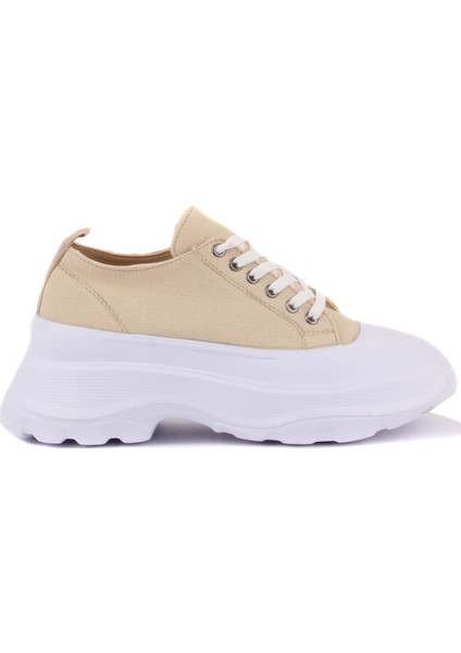 Bej Renk Yüksek Tabanlı Bağcıklı Kadın Sneaker