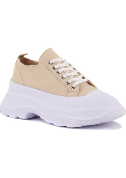 Bej Renk Yüksek Tabanlı Bağcıklı Kadın Sneaker