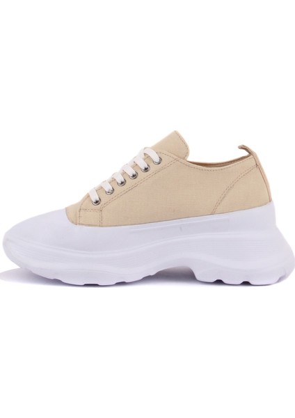 Bej Renk Yüksek Tabanlı Bağcıklı Kadın Sneaker
