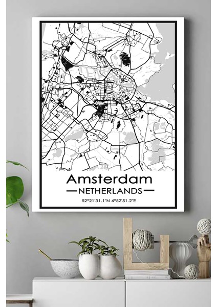 Hollanda Amsterdam Harita Dekoratif Tasarım Kanvas Tablo