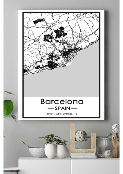 Ispanya Barcelona Harita Dekoratif Tasarım Kanvas Tablo