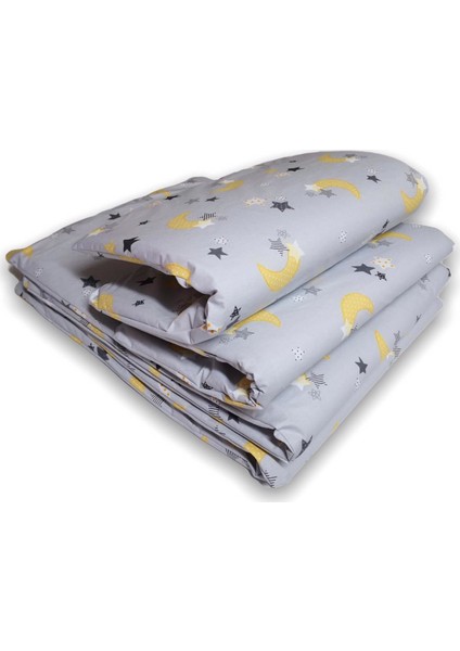 Bebek Çocuk Beşik Kenar Koruma 70 x 110 Park Beşik Için (4 Parça) Bariyer Bumper Gri Zemin Sarı Hilal