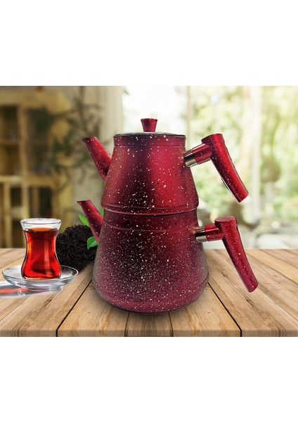 Granit Kaplama Cam Kapaklı Kırmızı Çaydanlık