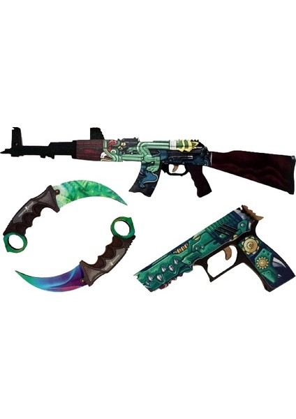 Ahşap Cs-Go Ak-47 Tüfek P250 Tabanca 2 Li Karambite Oyuncak Set 2002