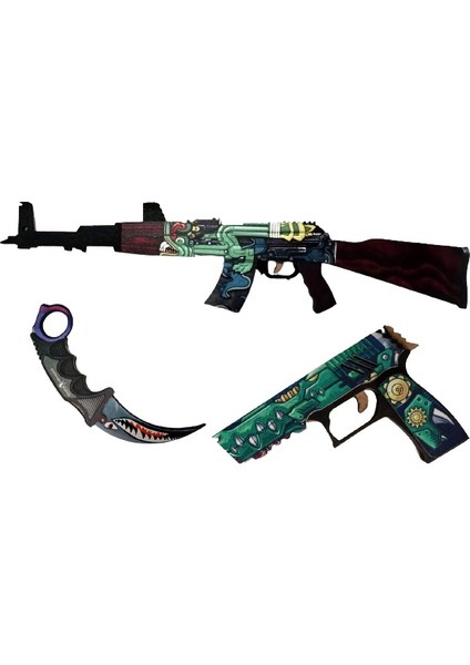 Ahşap Cs-Go Ak-47 Tüfek P250 Tabanca Karambite Oyuncak Set 4011