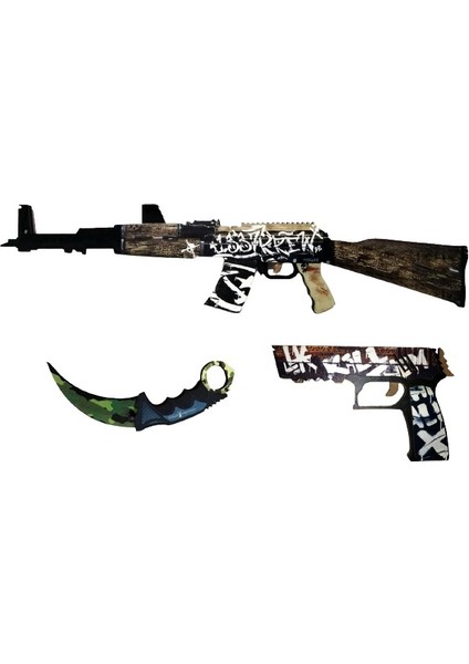 Ahşap Cs-Go Ak-47 Tüfek P250 Tabanca Karambite Oyuncak Set 4012