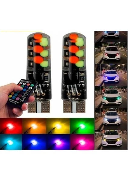 2'li Kumandalı Çakarlı T10 Araç Park Ampulü 18 LED Rgb Park