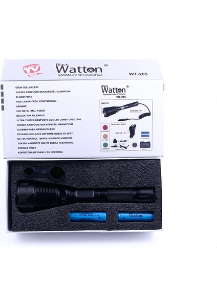 Black Watton 800 Lümen T6 Özel Avcı Feneri Watton WT-205