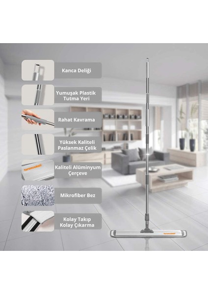 Turuncukoli Dev Boy Mop Yer Silme Paspası / Mikrofiber Bezli / Sağlam Teleskopik Saplı