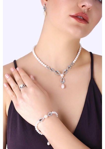 Mlini Gelinlik Modeli Incili Gümüş Set