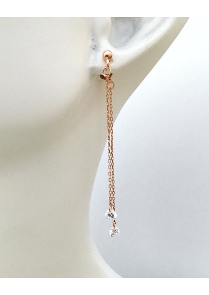 Silver Gümüş Rose Çift Zincirli Zirkon Taşlı Küpe