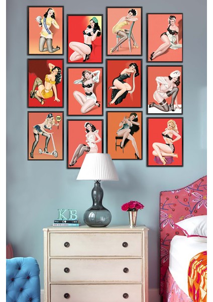 12 Parça Çerçeve Görünümlü Mdf Tablo Seti/vintage Pin Up Kızları