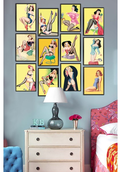 12 Parça Çerçeve Görünümlü Mdf Tablo Seti/vintage Pin Up Kızları Nostaljik Tablolar