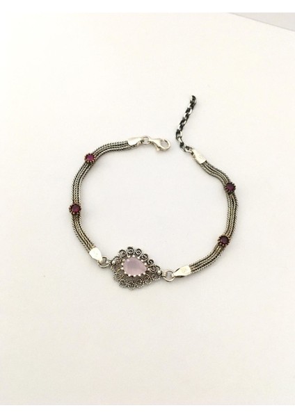 Gümüş Pembe Kuvarz ve Yakut Taşlı Bileklik