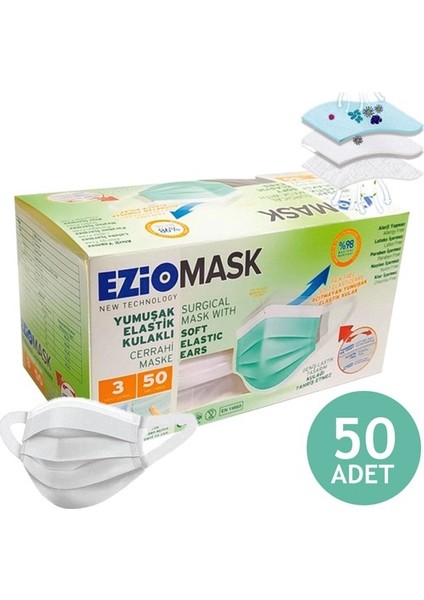 Meltblown Yumuşak Elastik Kulaklı Kalın Lastik Telli 3 Katlı Maske 1 Kutu 50 Adet Beyaz