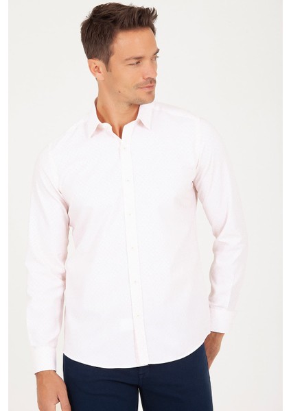 Erkek Slim Fit Açık Somon Desenli Gömlek