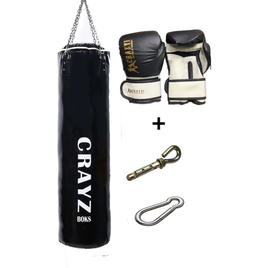 Crazy Orta Boy Dolu Boks Kum Torbası 100cm x 30cm + Boks Eldiven Seti + Askı Aparatı