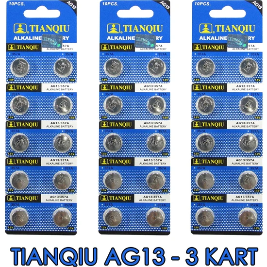 Tianqiu AG13 LR44H 357A A76 SR44SW 1.5 V 30'lu 3 Kart Alkalin Pil