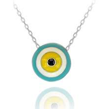 Turkuaz Beyaz Mineli Yuvarlak Nazar Boncuğu Gümüş Kolye