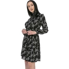 Disentis Modest Yakası Kolları ve Beli Gipeli Küçük Çiçekli Siyah Tunik Elbise