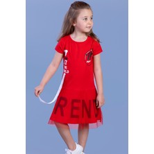 Toontoy Kız Çocuk Tülü Trend Baskılı Şerit Detaylı Elbise