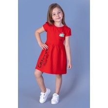 Toontoy Kız Çocuk Cebi Meow Nakışlı Taş Işlemeli Baskılı Elbise